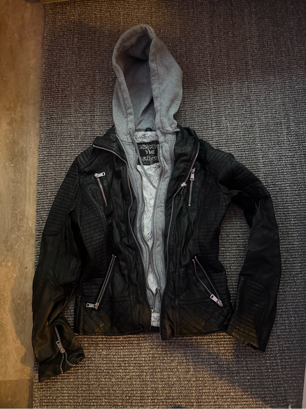 YMI Black Faux Leather Jacket with Gray Hoodie Insert